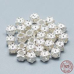 925 Sterling Silver Beads, Cube with Flower, Silver, 4.5x5x5mm, Hole: 2.5mm(STER-T002-79S)