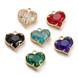 Golden Tone Brass Charms, with Glass, Lead Free & Cadmium Free, Long-Lasting Plated, Heart Charm, Mixed Color, 11.5x11.5x5.5mm, Hole: 1.2mm(KK-D038-02G)