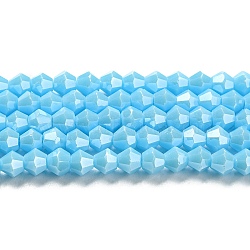 Opaque Solid Color Electroplate Glass Beads Strands, Pearl Luster Plated, Faceted, Bicone, Deep Sky Blue, 4x4mm, Hole: 0.8mm, about 82~85pcs/strand, 30.5~31cm(GLAA-F029-P4mm-C12)