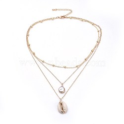 Cowrie Shell and Plated Natural Baroque Pearl Keshi Pearl Tiered Necklaces, 3 Layer Necklaces, with Long-Lasting Plated Brass Extender Chains, Golden, 15.9 inch(40.5cm)(NJEW-JN02389)