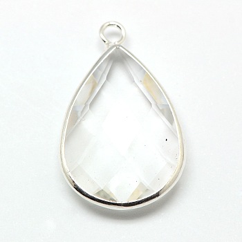 Silver Color Plated Brass Glass Teardrop Pendants, Faceted, Clear, 18x10x5mm, Hole: 2mm