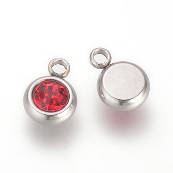 201 Stainless Steel Rhinestone Charms, Flat Round, Light Siam, 8.5x6x3mm, Hole: 1.5mm