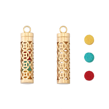 2 Sets Stainless Steel Pendant, with Cotton Pad, Hollow, Column with Coin Pattern Charm, Golden, 43x10mm, Hole: 4mm