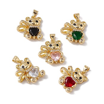Brass with Cubic Zirconia Pendants, Cadmium Free & Nickel Free & Lead Free, Rack Plating, Bear, Mixed Color, 20x18x5.5mm, Hole: 3.5x5mm