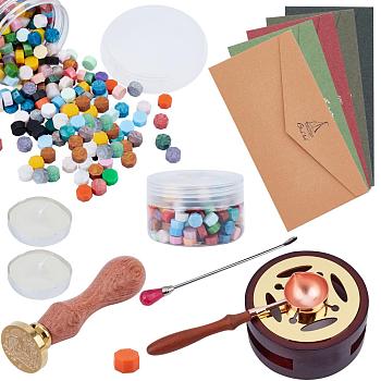 CRASPIRE DIY Scrapbook Making Kits, Including Sealing Wax Particles, Vintage Seal Stamp Wax Stick Melting Pot Holder, Brass Wax Seal Stamp & Wax Sticks Melting Spoon, Paper Envelope, Candle, Mixed Color, 9mm, 420pcs
