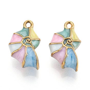 Ion Plating(IP) 304 Stainless Steel Enamel Pendants, Conch Shape, Lead Free & Cadmium Free, Real 18K Gold Plated, Colorful, 15.5x9.5x6mm, Hole: 1.2mm, Tray: 4.5x2.2mm