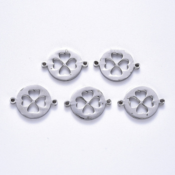201 Stainless Steel Links Connectors, Laser Cut, Flat Round with Clover, Stainless Steel Color, 13x18x1.5mm, Hole: 1.2mm