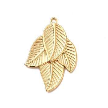 Ion Plating(IP) 304 Stainless Steel Pendants, Leaf Charms, Real 18K Gold Plated, 32x21.5x1.5mm, Hole: 1.6mm