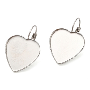 304 Stainless Steel Leverback Earring Findings, Earring Settings, Heart, Stainless Steel Color, 30.5x21mm, Pin: 0.7mm, Tray: 19x20mm