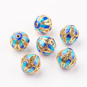 Brass Enamel Beads, Round, Golden, Deep Sky Blue, 15mm, Hole: 2mm