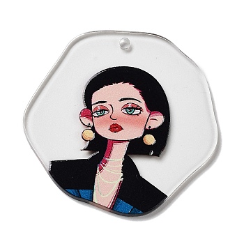 Acrylic Pendants, Polygon with Human, Black, 42x42.5x2.5mm, Hole: 1.5mm