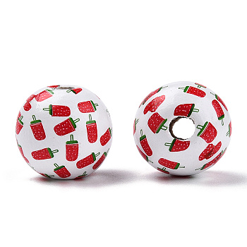 Printed Natural Wooden Fruit Beads, Round with Ice Cream Pattern, White, 16x14.5mm, Hole: 3.5mm