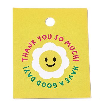 Rectangle Paper Smiling Face Print Gift Tags, Yellow, 5x4x0.02cm, Hole: 5mm, about 100pcs/bag