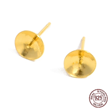 925 Sterling Silver Stud Earring Findings, for Half Drill Beads, with S925 Stamp, Real 18K Gold Plated, 14x8.1mm, Inner Diameter: 7.4mm, Pin: 12x0.7mm
