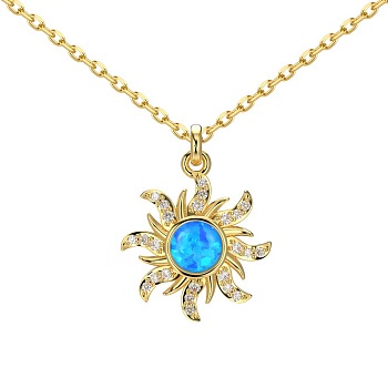 Sun 925 Sterling Silver Pendant Necklaces, with Synthetic Opal, Real 18K Gold Plated, 15.75 inch(40cm)
