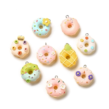 Opaque Resin Imitation Food Pendants, Donut Charms with Platinum Tone Iron Loops, Random Color, 25.5~30x22~22.5x9~12.5mm, Hole: 2mm