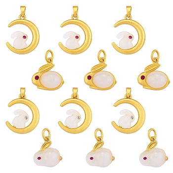 12Pcs 4 Style Alloy Glass Charms, with Rhinestone, Matte Gold Color, Rabbit & Moon with Rabbit, Matte Gold Color, 15.5~21x14~17x4~6mm, Hole: 4~5x3~4mm, 3pcs/style