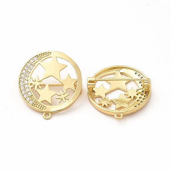 Clear Cubic Zirconia Moon with Star Brooch Pin, Brass Badge for Backpack Clothes, Real 18K Gold Plated, 26x24x8mm, Hole: 1.4mm