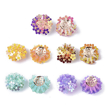 PVC Paillette Cabochons, Cluster Beads, with Glass Seed Beads and Golden Plated Brass Perforated Disc Settings, Flower, Mixed Color, 20~23x10~11mm
