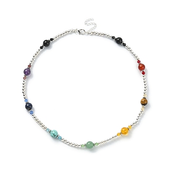 Synthetic & Natural Mixed Gemstone Round Beaded Necklace, with Glass Beaded, 17-3/8 inch(44.1cm)
