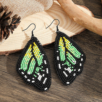 Bohemian Style Green Butterfly Wing Glass Bead Handmade Dangle Earrings, Black, 90x42mm