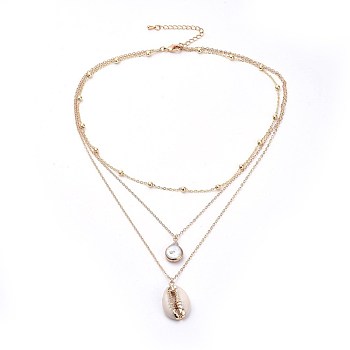 Cowrie Shell and Plated Natural Baroque Pearl Keshi Pearl Tiered Necklaces, 3 Layer Necklaces, with Long-Lasting Plated Brass Extender Chains, Golden, 15.9 inch(40.5cm)