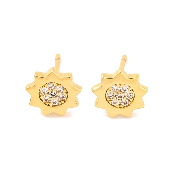 Brass Micro Pave Clear Cubic Zirconia Stud Earrings for Women, Lead Free & Cadmium Free, Sun, Real 18K Gold Plated, 10mm