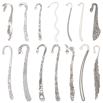 14Pcs 14 Styles Tibetan Style Alloy Bookmarks Findings, with Loops, Antique Silver, 79.5~125x7~24x1~4mm, Hole: 1~3.5mm, 1pc/style