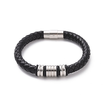 304 Stainless Steel Column Beaded Bracelet with Magnetic Clasps, Black Leather Braided Cord Punk Wristband for Men Women, Stainless Steel Color, 8-3/4 inch(22.1cm)