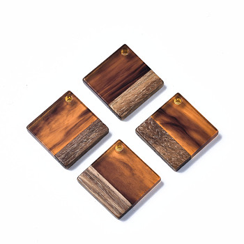 Transparent Resin & Walnut Wood Pendants, Two Tone, Rhombus, Sienna, 24x24x3mm, Hole: 2mm, Side Length: 17.5mm