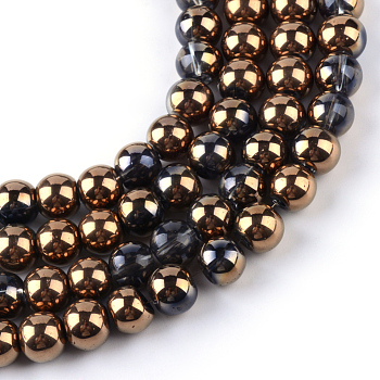 Half Plated Glass Beads Strands, Round, Copper Plated, 7.5x8.5mm, Hole: 1mm, about 104pcs/strand, 30.3 inch
