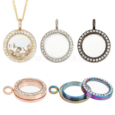 Mixed Color Flat Round Alloy+Rhinestone Pendants