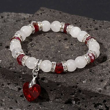 Natural Quartz Crystal & Glass Beaded Stretch Bracelet with Heart Charms for Valentine's Day(BJEW-TA00284)-2