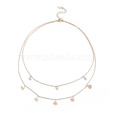 Double Chains Multi Layered Necklaces with Clear Cubic Zirconia and Fan Charms(NJEW-D296-02G)-2