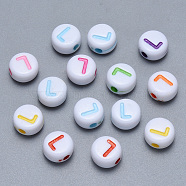 Craft Acrylic Horizontal Hole Letter Beads, Flat Round, Mixed Color, Letter.L, 7x3.5~4mm, Hole: 1.5mm, about 3600pcs/500g(SACR-S201-11L)