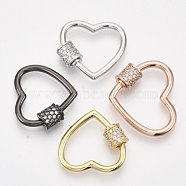 Brass Micro Pave Cubic Zirconia Screw Carabiner Lock Charms, for Necklaces Making, Heart, Clear, Mixed Color, 19x21.5x2~6mm(ZIRC-S061-141)