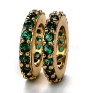 Brass Micro Pave Cubic Zirconia European Beads, Long-Lasting Plated, Real 18K Gold Plated, Large Hole Beads, Ring, Green, 10x1.8mm, Hole: 6mm(KK-B028-18G-E)