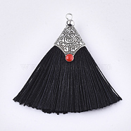 Polyester Tassel Pendant Decorations, with Alloy Findings and Enamel, Fan Shape, Antique Silver, Black, 45~50x40~44x7~10mm, Hole: 2.5mm(FIND-T036-01A)