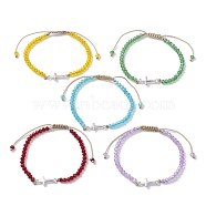 Tibetan Style Alloy Cross Link Bracelet, Glass Braided Bead Adjustable Bracelet, Mixed Color, Inner Diameter: 2-3/8~3-1/2 inch(6~9cm)(BJEW-JB10060)