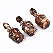 Assembled Synthetic Bronzite and Imperial Jasper Openable Perfume Bottle Pendants, with Light Gold Brass Findings, Dyed, Sandy Brown, Capacity: 1ml(0.03 fl. oz), 41~42x17~18x17~18mm, Hole: 1.8mm(G-S366-058G)