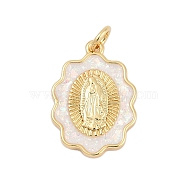 Brass Pendants, with Synthetic Opal, Long-Lasting Plated, Rack Plating, Lead Free & Cadmium Free, Oval with Virgin Mary, White, Real 18K Gold Plated, 19.5x13.5x3mm, Hole: 3mm(KK-I723-31G)