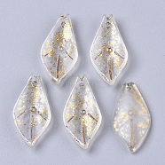 Transparent Spray Painted Glass Pendants, with Golden Foil, Leaf, Clear, 23x11.5x3.5mm, Hole: 1mm(GLAA-R215-03-B06)