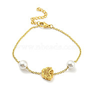 Real 18K Gold Plated Brass & Plastic Imitation Pearl Beaded Bracelet, with Ion Plating(IP) 304 Stainless Steel Chains, Long-Lasting Plated, Butterfly, 7-1/4 inch(18.5cm)(BJEW-D030-04B-G)