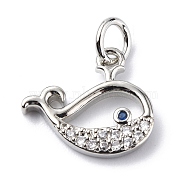 Brass Micro Pave Cubic Zirconia Charms, with Jump Ring, Whale Charms, Platinum, 11.5x13.5x1.8mm, Hole: 3.2mm(ZIRC-F131-13P)