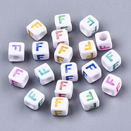 Opaque White Acrylic Beads, with Enamel, Horizontal Hole, Cube with Mixed Color Letter, Letter.F, 6x6x6mm, Hole: 3mm, about 2900pcs/500g(SACR-R252-02F)