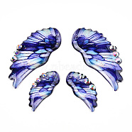 Epoxy Resin Wing Pendants, with Rhinestone & Glitter Powder, Medium Blue, 40.5x18.5x2.5mm, Hole: 1mm, Small Wings: 24.5x11x2.5mm(FIND-N005-64A)