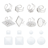 DIY Blank Dome Ring Making Kit, Including Flat Round & Square 201 Stainless Steel Cuff Pad Ring Settings, Glass Cabochons, Stainless Steel Color, 16Pcs/box(DIY-UN0003-99)
