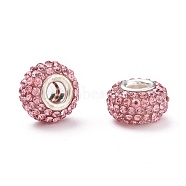 Grade A Rhinestone European Beads, Large Hole Beads, Resin, with Silver Color Plated Brass Core, Rondelle, Light Rose, 15x10mm, Hole: 5mm(CPDL-H001-9)