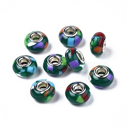 Resin European Beads, Large Hole Beads, with Platinum Tone Brass Cores, Imitation Porcelain, Rondelle, Dark Green, 14x8.5mm, Hole: 5mm(RPDL-N014-02A)
