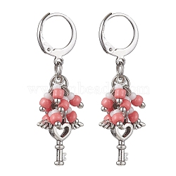 Tibetan Style Alloy Dangle Leverback Earrings, Glass Seed Cluster Earrings, Heart, 39mm(EJEW-MZ00119-01)